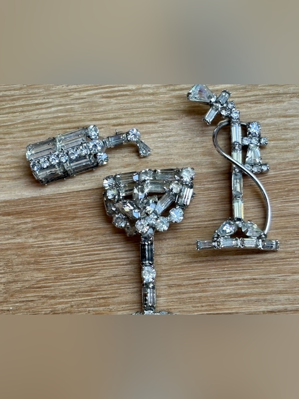 Vintage Weiss Unsigned Rhinestone Cocktail Glass Brooch Trio - Clear Crystal